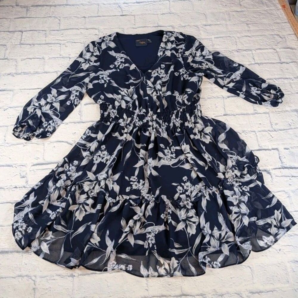 Just Taylor Blue Floral Print Smocked Mini Dress Sheer Sleeve Ruffle Tiered 12